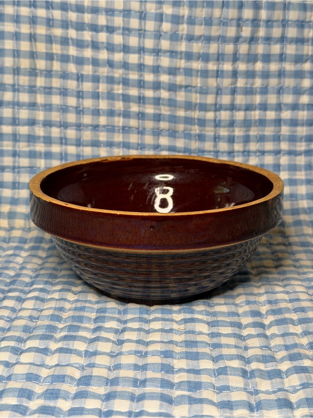 Vintage USA Glazed Brown Stoneware Ribbed Mixing Bowl Primitive Farmhouse Crock